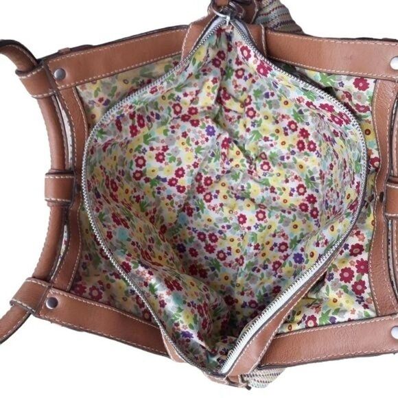 Fossil Bucket Bag Tote Boho Retro Rainbow Striped Tapestry Round Top Handle Sz L - Picture 11 of 14